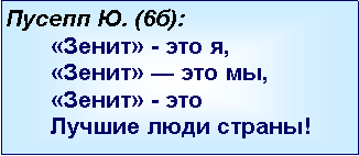 Подпись: Пусепп Ю. (6б):«Зенит» - это я, «Зенит» — это мы, «Зенит» - это Лучшие люди страны!